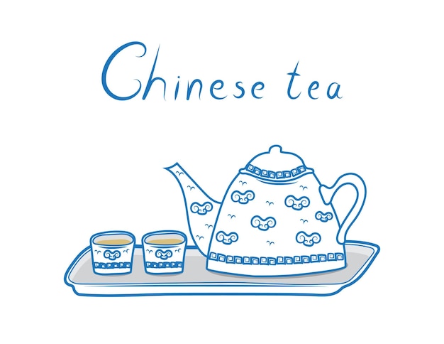 Illustration vector doodle of tea in blue Chinese tea pot style