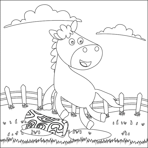 Vettore di illustrazione del cavallo di baia del fumetto piatto per il libro o la pagina da colorare di attività per bambini