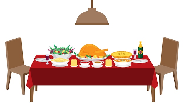 Vettore illustrazione vettoriale cartone animato piatto della tavola della festa che apparecchia cibo e vino a casa o al ristorante