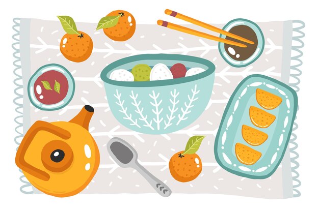 Vector illustration vector flat cartoon of food on dongzhi festival menu on dinner. table top view flat lay