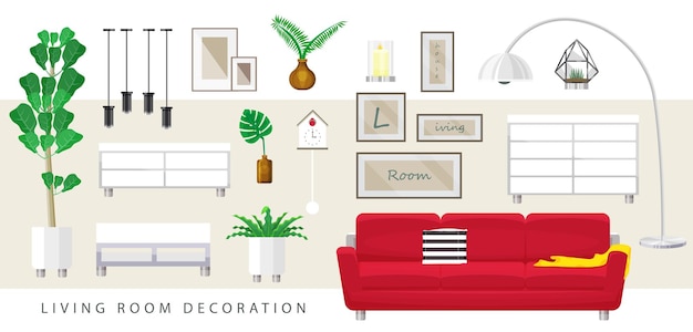 家具のイラストベクトルフラット漫画は、リビングルームでミニマリストコレクションを設定します