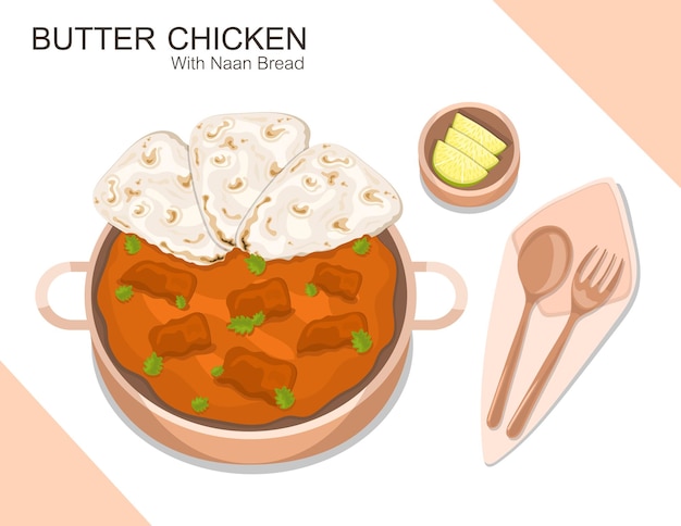 Illustration vector flat cartoon set menu indian food of chicken butter with nan bread