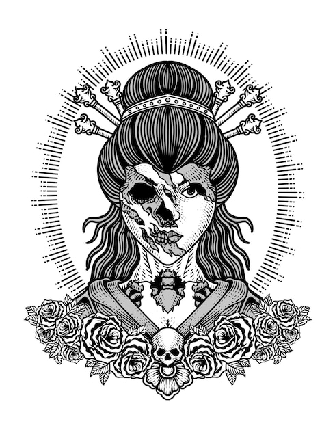 Illustration vector geisha skull with rose flowers Tattoo design