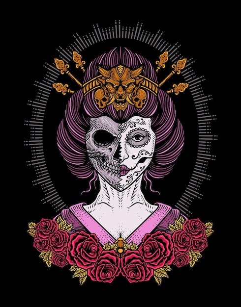 Vector illustration vector geisha sugar skull lady with rose flowers tattoo design vector illustration