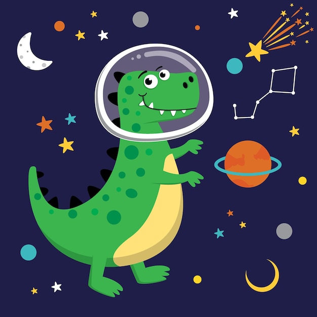 Illustrazione grafica vettoriale del dinosauro astronauta sullo spazio perfetto per biglietto di auguri, ecc