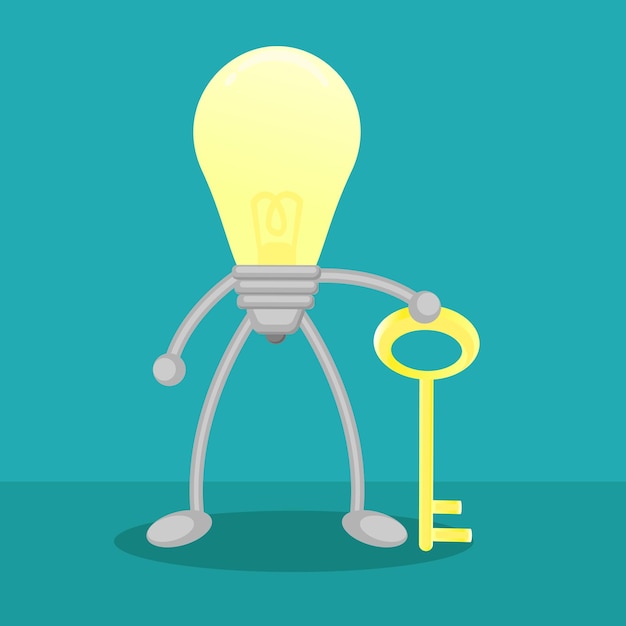 키를 들고 있는 전구 램프의 그림 벡터 그래픽 만화 캐릭터 비즈니스 솔루션 설명
