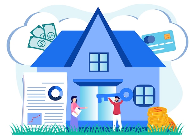 Vector illustration vector graphic cartoon character of invest money in real estate property and buy new house