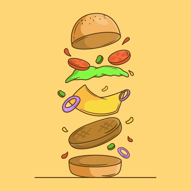 Illustration vector graphic of delicious floating hamburger with flying ingredients isolated on white background cut cartoon kids design style