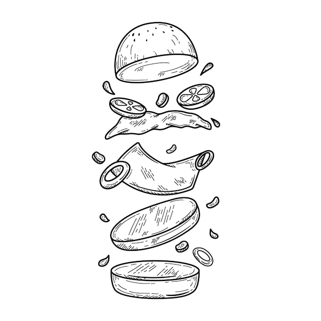 Illustration vector graphic of delicious floating hamburger with flying ingredients isolated on white background hand drawn sketch classic retro design style