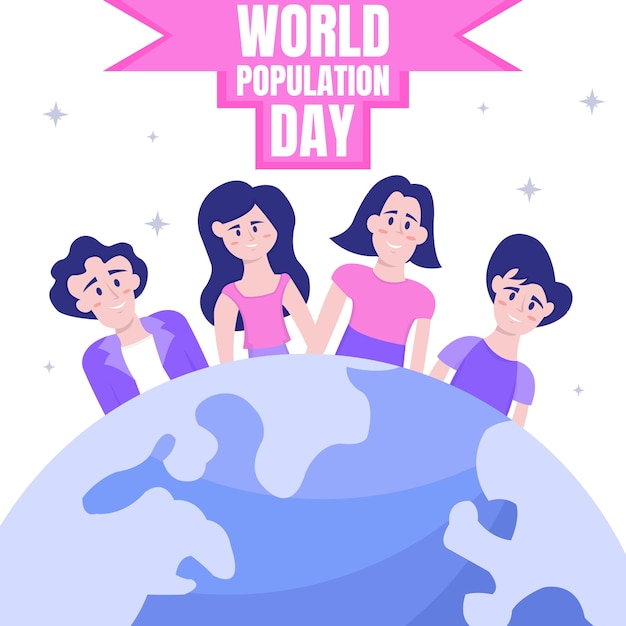 illustration vector graphic of four people lined up behind the earth perfect for world population