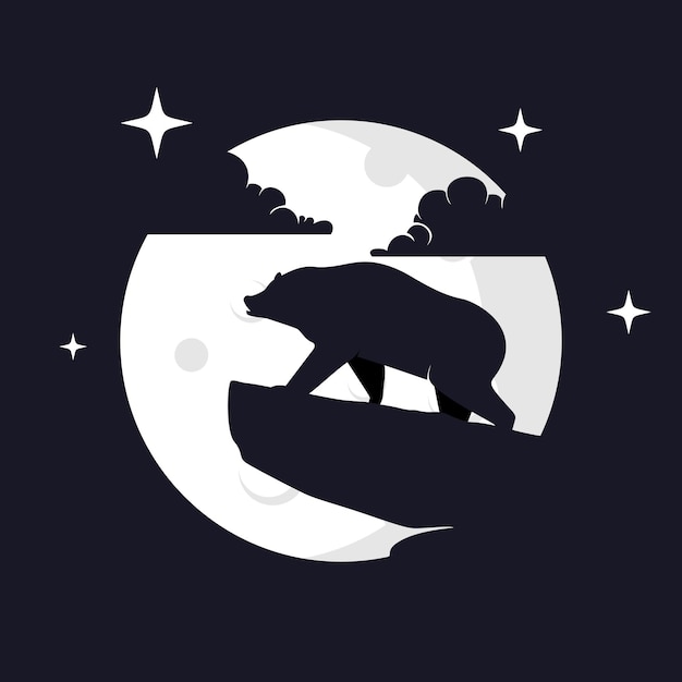 Illustration Vector Graphic of Grizzly Bear with Moon Background