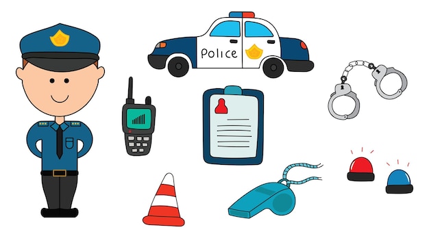 Illustration vector graphic Hand drawn color of police officer with equipment and tools, police icon