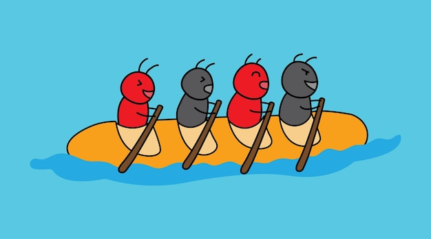 illustration vector graphic Kids drawing style funny cute ants ride a long bread kayak boat