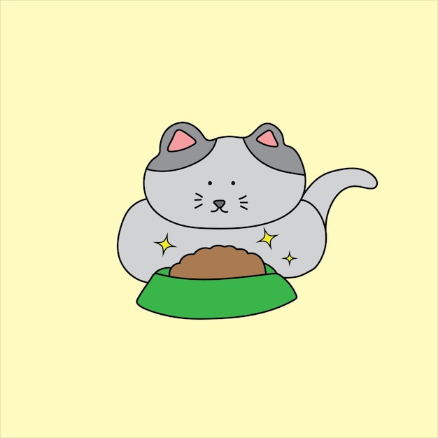 Illustration vector graphic Kids drawing style funny cute grey cat eating cat food