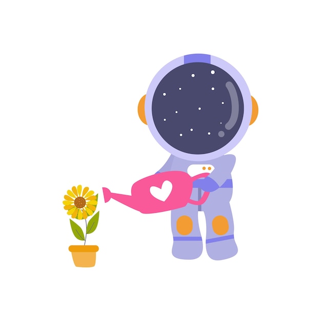 Иллюстрация векторной графики маленький космонавт поливает цветок