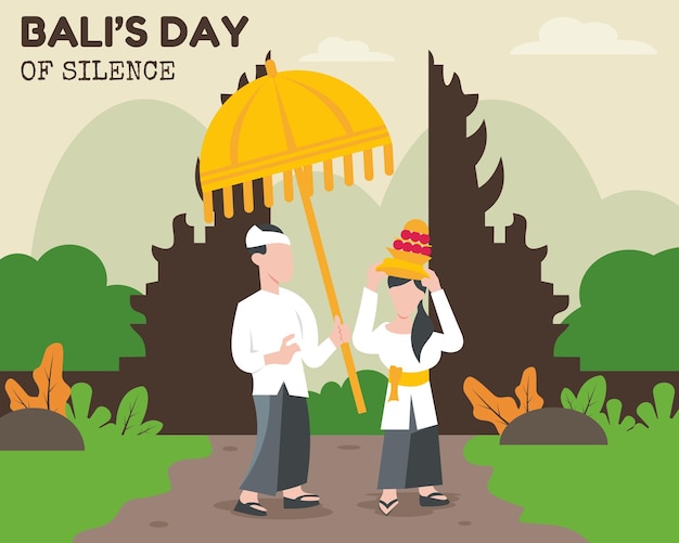 illustration vector graphic of a man is carrying an umbrella and a woman is carrying an offering