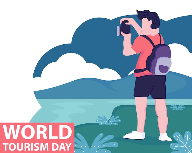 illustration vector graphic of a man photographing a mountain view perfect for international day