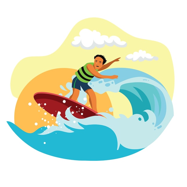 Illustration vector graphic of man surfing in sea or ocean with summer wave