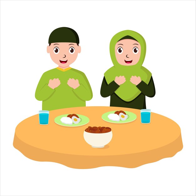 Illustration vector graphic of muslim couple who are iftar