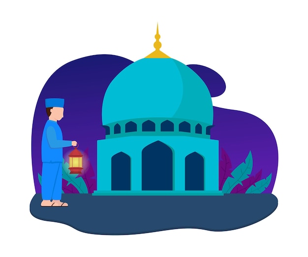 Illustration vector graphic of Muslims walking to the mosque bring a lantern