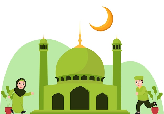 라마단 삽화에 완벽한 달리기를 하는 이슬람 부부의 그림 벡터 그래픽