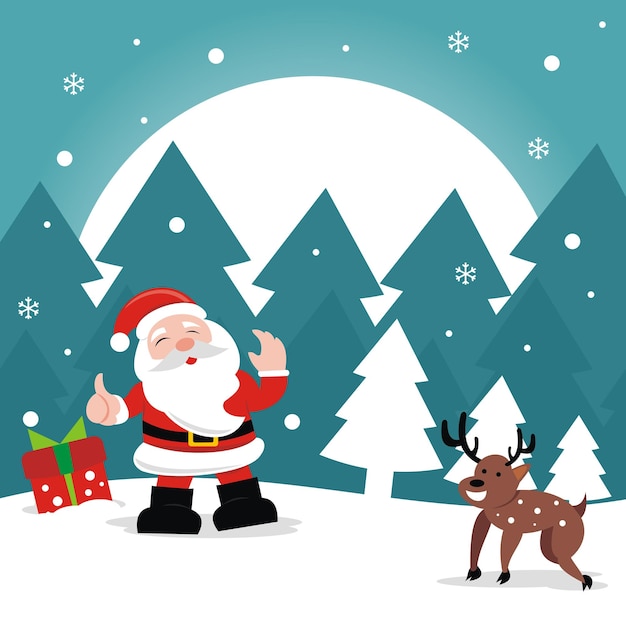 Vector illustration vector graphic of santa claus is bringing gifts and meets a deer on christmas eve