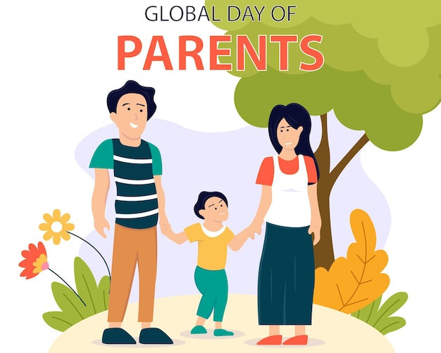 illustration vector graphic of simple family holding hands in the garden