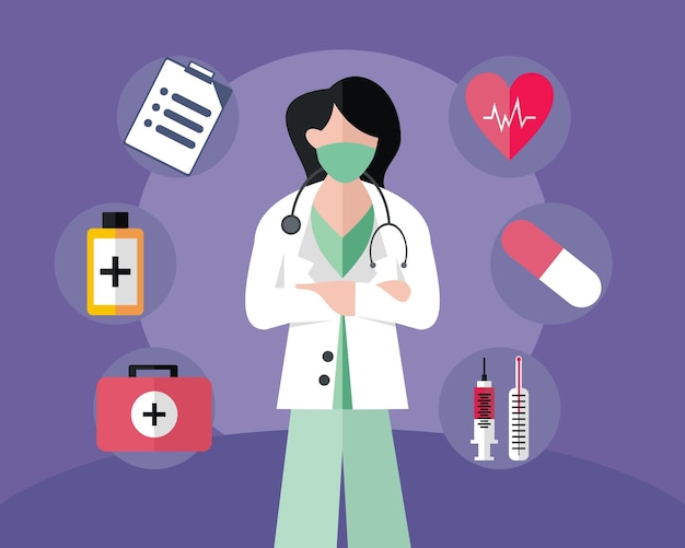 illustration vector graphic of standing female doctor wearing white coat