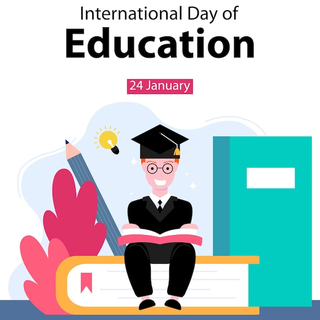 illustration vector graphic of a young scholar was sitting on a book perfect for international day