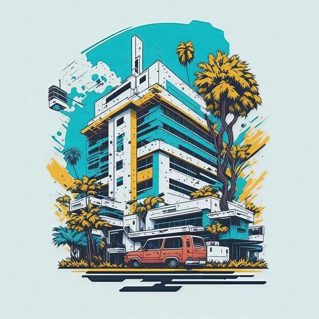 Vettore illustrazione vettoriale ospedale moderno futuristico con albero