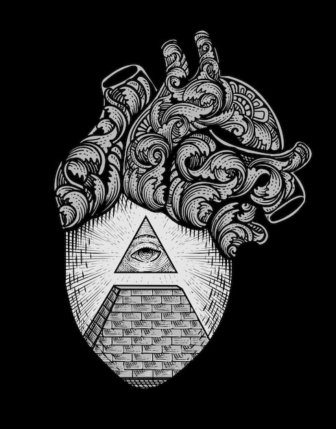 Illustration vector illuminati eye with engraving ornament heart isolated design tattoo design T shirt design Poster