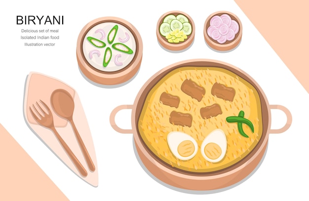 Illustration vector of indian food plate top view on white background