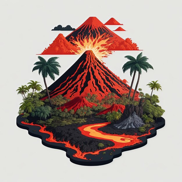 Vector illustration vector island with tree lava volcano