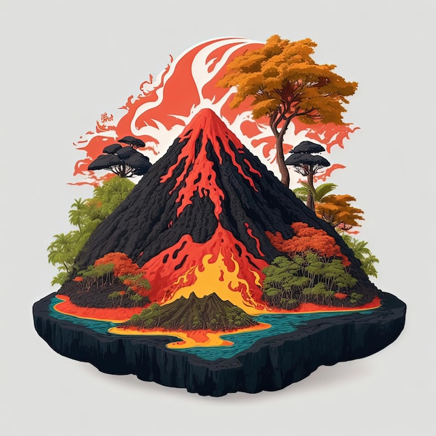 Vector illustration vector island with tree lava volcano