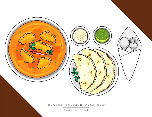 イラストベクトルは、フォークとスプーンのバターチキンとテーブルトップビューでインド料理を分離しました