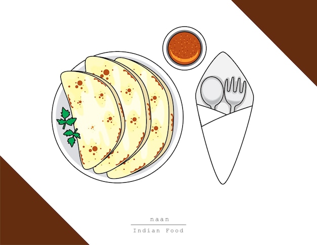 Vector illustration vector isolated indian food dish on table top view with fork and spoon naan flatbread