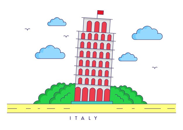 Vettore illustrazione vettoriale torre pendente di pisa in italia in stile piatto