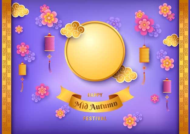 Illustration vector of Mid Autumn Festival with moon decorated with lantern and flowers on purple.