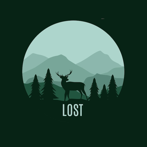 인쇄 등에 적합한 숲에서 길을 잃은 사슴의 삽화 벡터.