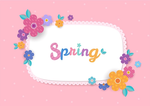 ベクトル ピンクの背景に春の花と花のフレームデザインのイラストベクトル。