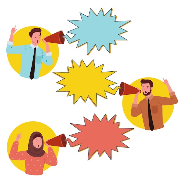 Illustration or vector of an office worker speaking or giving information through a loudspeaker