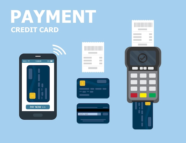 Illustrazione vettore di presentazione sul pagamento con carta di credito e macchina come concetto