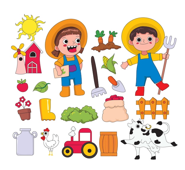 Illustrazione vettore set di cartoni animati agricoli con frutta e verdura di animali da fienile trattore agricolo