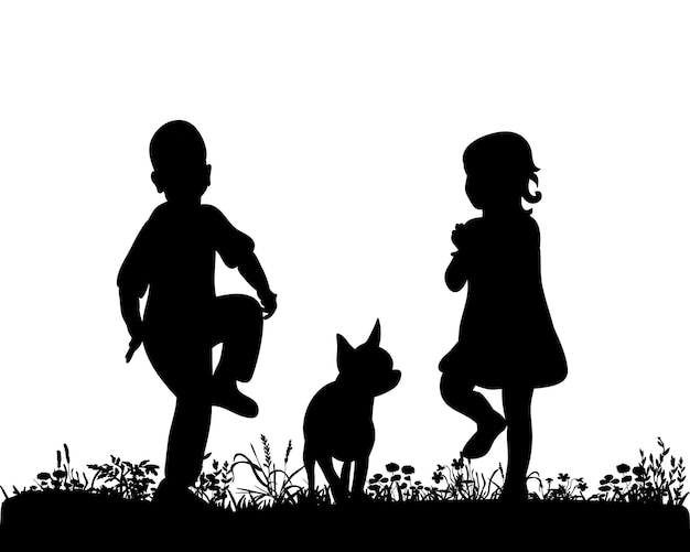 Vector illustration vector silhouette of children dancing with dog