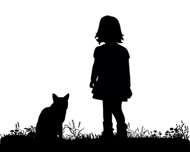 Illustrazione, vettore, silhouette ragazza con gatto