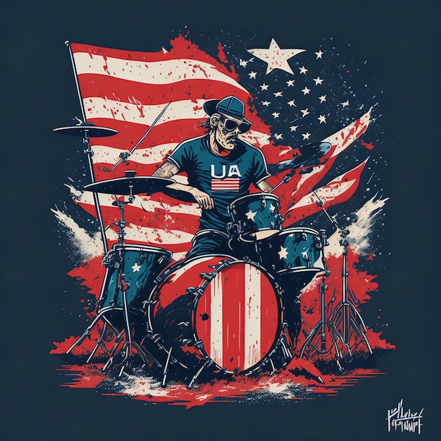 Иллюстрация векторная футболка барабаны музыка флаг США цветной дизайн