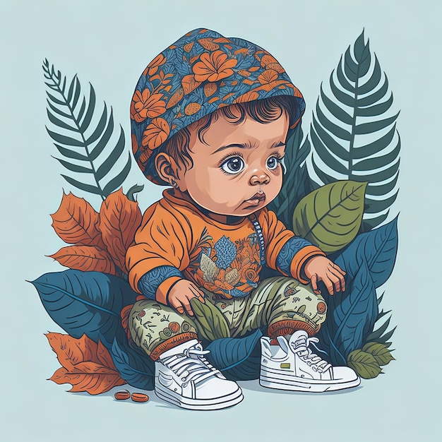 Illustration vector vintage beautiful and cool wise baby with flower