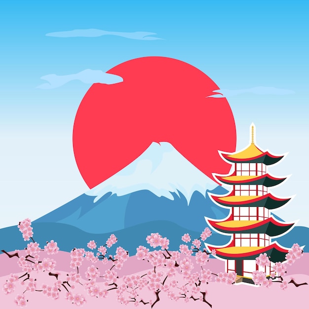 Vector illustration vector with an asian temple and mountains japan cherry blossom mount fuji