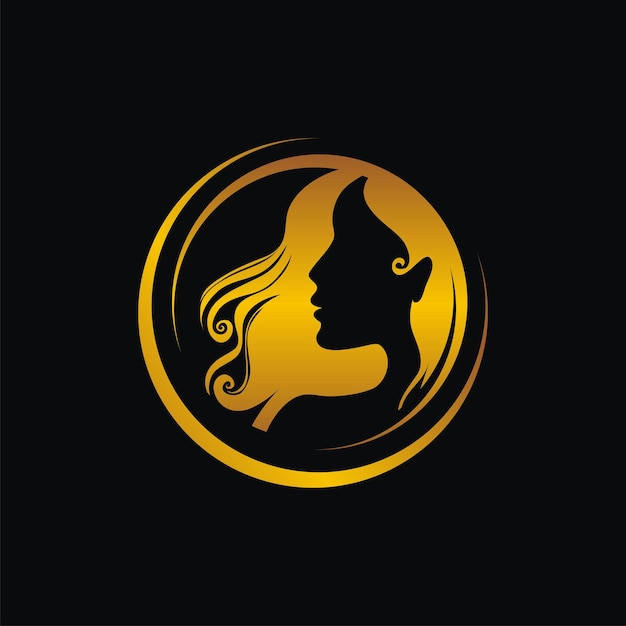 女性のシルエット ゴールデン アイコンのイラスト、女性の顔の黒い背景にロゴ