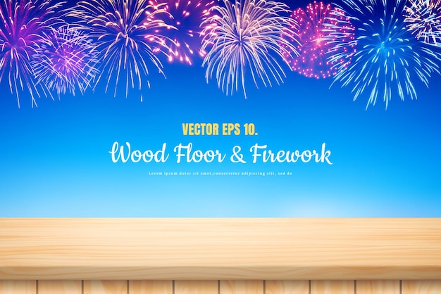 Illustration Vector Wood table floor and Amazing Beautiful firework on sky clouds blurred background for celebration anniversary merry christmas eve and happy new year.